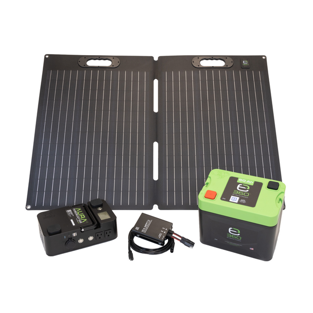 AURA 60AH power system bundle including a black battery and charging accessories.