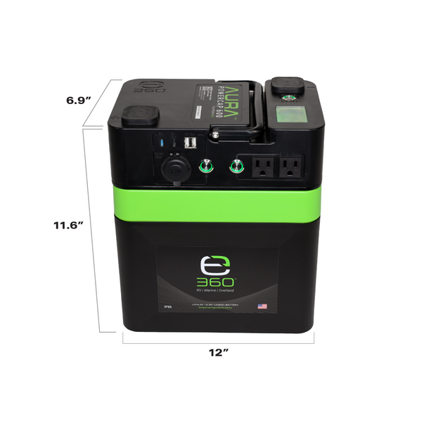 AURA Powercap 80Ah battery with 600W inverter output and charging port.
