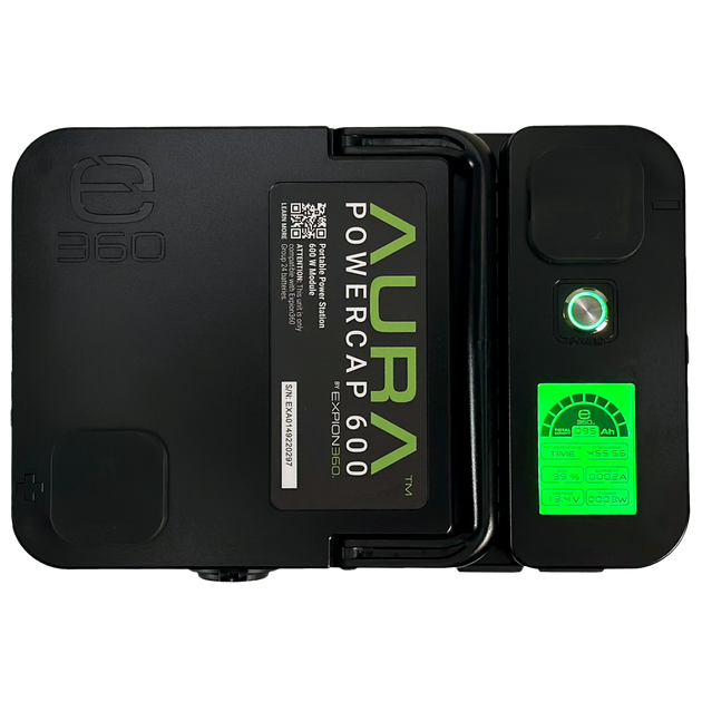 AURA Powercap 80Ah battery with 600W inverter output and charging port.