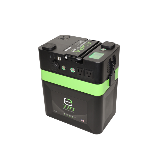 AURA Powercap 80Ah battery with 600W inverter output and charging port.
