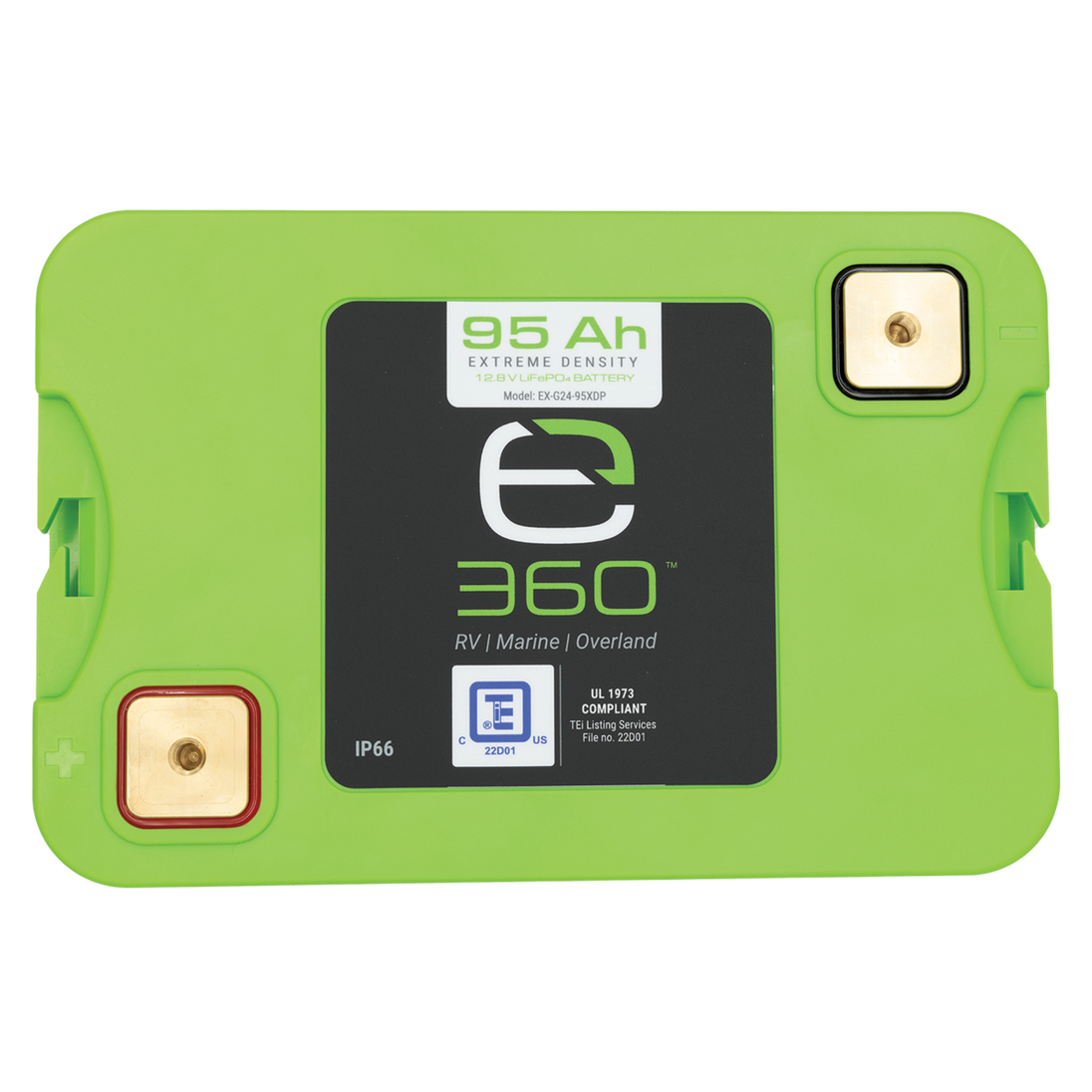 Expion360 12V 95Ah LiFePO4 lithium battery, Group 24 design with black casing and connectors.