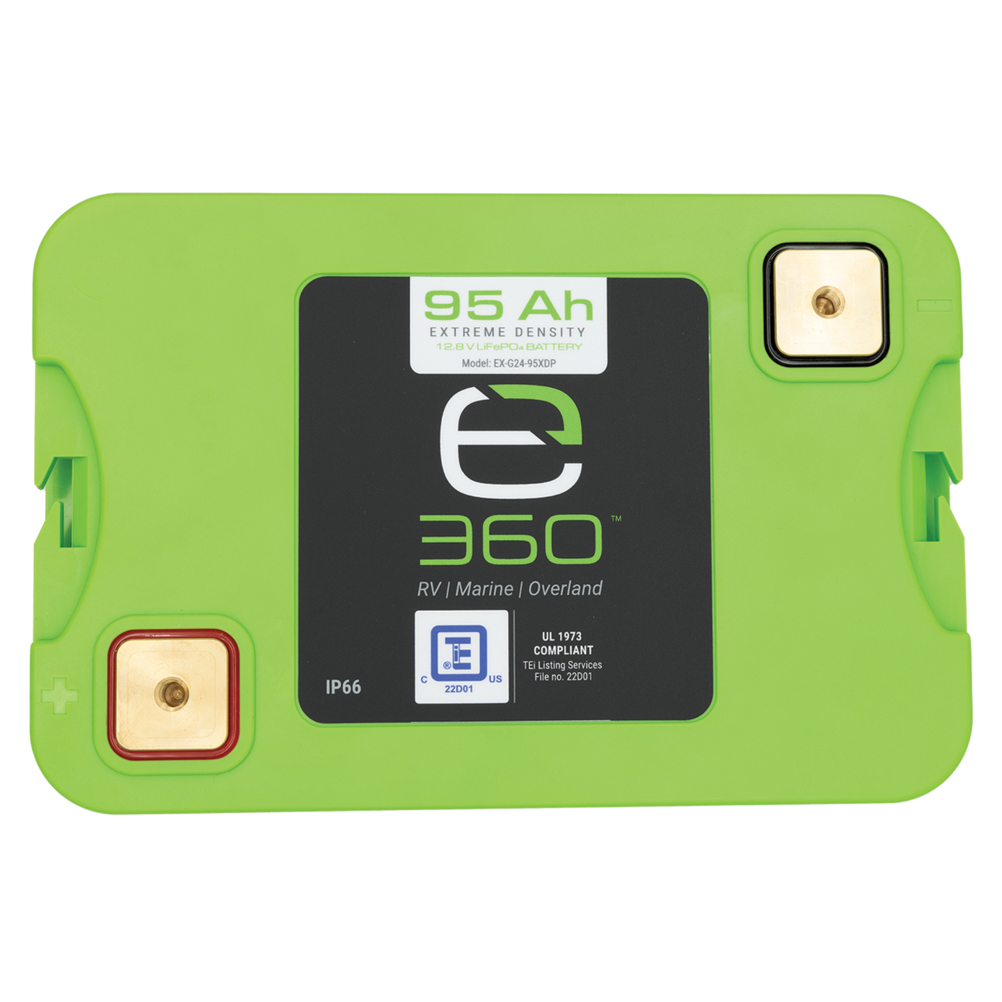 Expion360 12V 95Ah LiFePO4 lithium battery, Group 24 design with black casing and connectors.