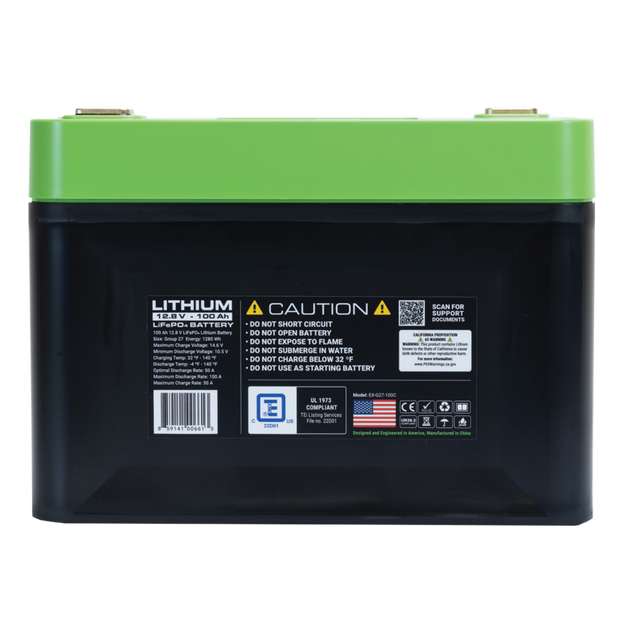 Expion360 12V 100Ah LiFePO4 lithium battery, Group 27 size, black casing with voltage and capacity markings.