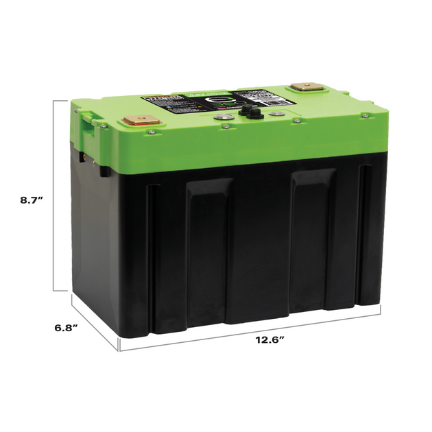 Expion360 12V 100Ah LiFePO4 lithium battery with Group 27 size, Bluetooth, and heating feature.