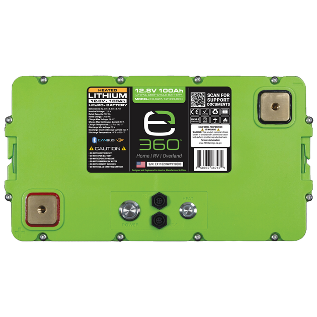 Expion360 12V 100Ah LiFePO4 lithium battery with Group 27 dimensions, Bluetooth, and heating feature.