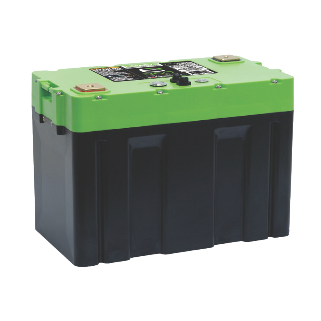 Expion360 12V 132Ah LiFePO4 lithium battery with Group 27 dimensions, Bluetooth feature, and heated terminals.