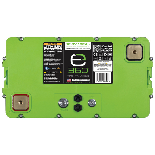 Expion360 12V 132Ah LiFePO4 lithium battery with Group 27 size, Bluetooth, and heating feature.