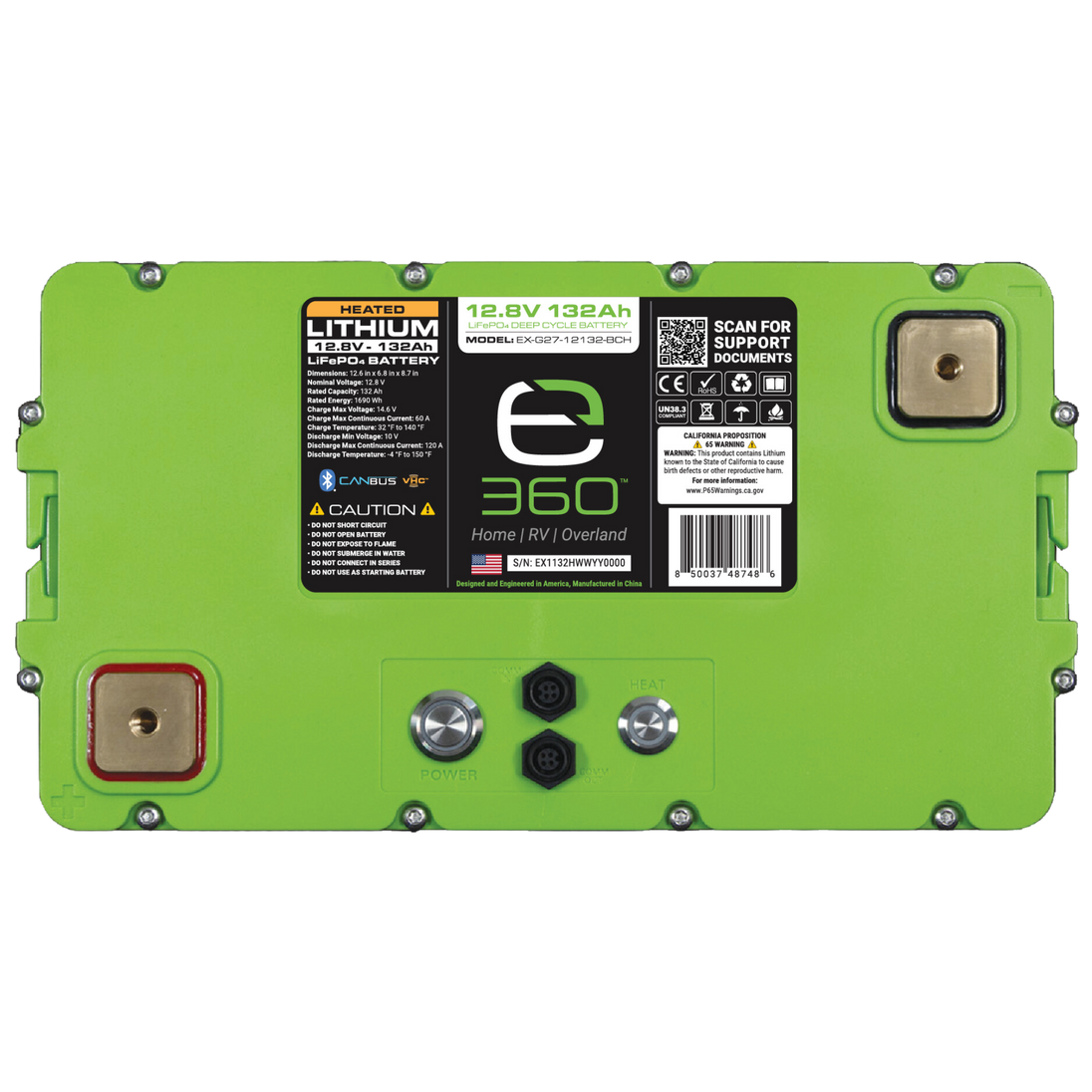 Expion360 12V 132Ah LiFePO4 lithium battery with Group 27 size, Bluetooth, and heating feature.
