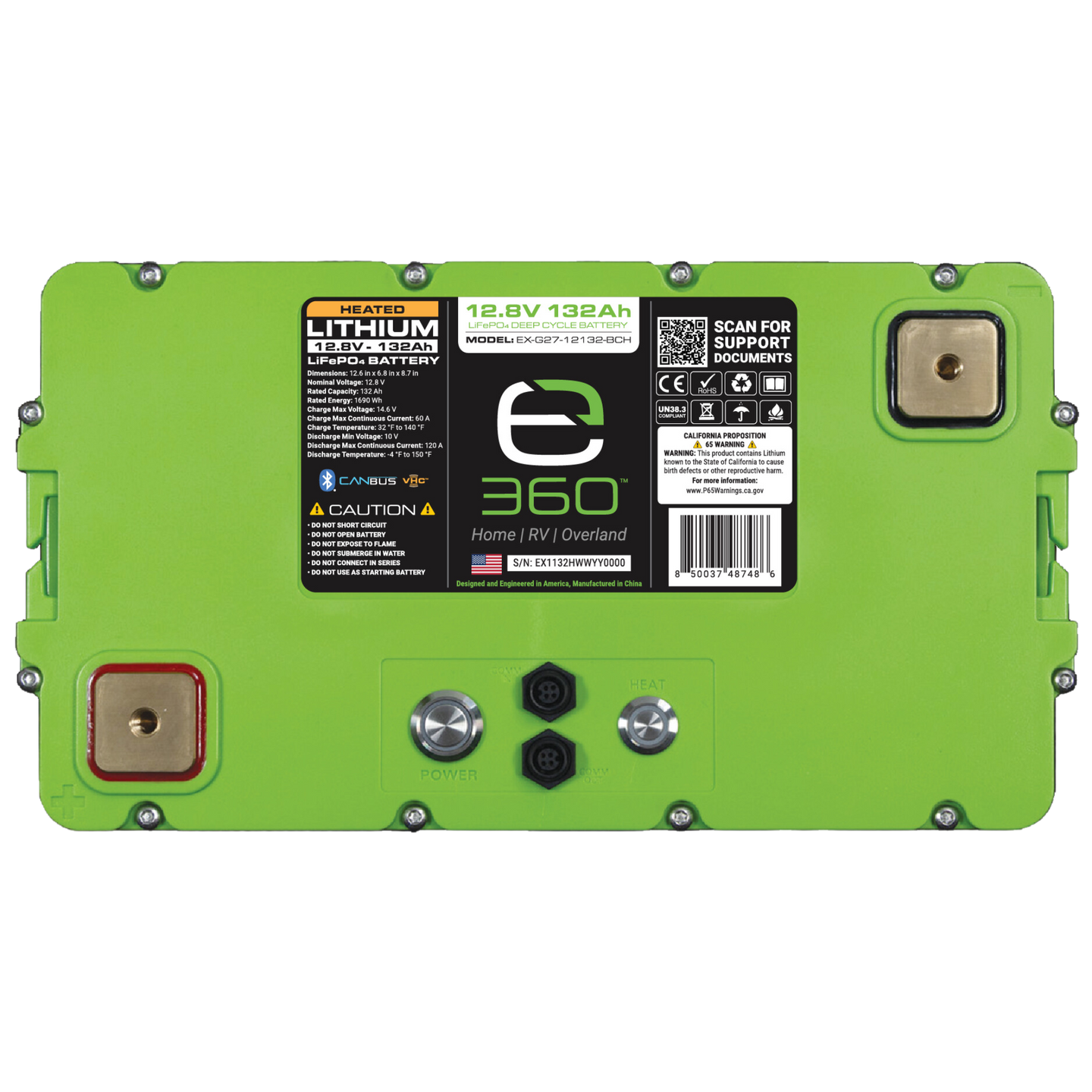 Expion360 12V 132Ah LiFePO4 lithium battery with Group 27 size, Bluetooth, and heating feature.