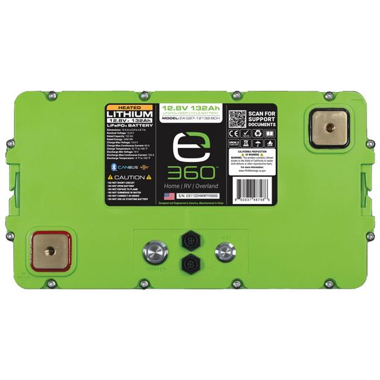 Expion360 12V 132Ah LiFePO4 lithium battery with Group 27 size, Bluetooth, and heating feature.