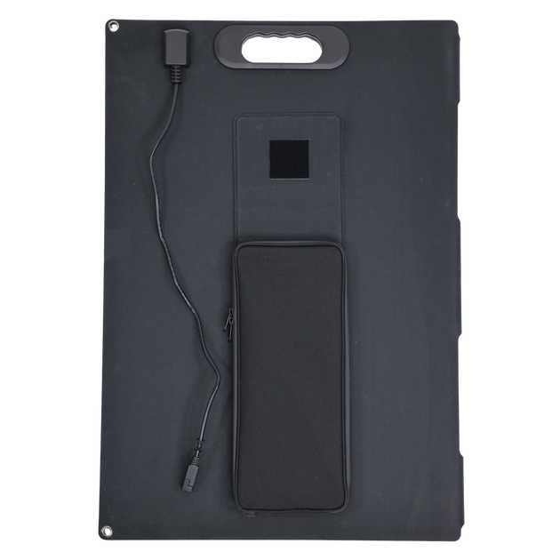 E360 portable and foldable 120W solar panel with black frame and blue silicone edges