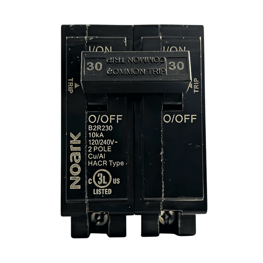 Black electrical circuit breaker 2-Pole_30A_120/240V_UL_489 on a white background