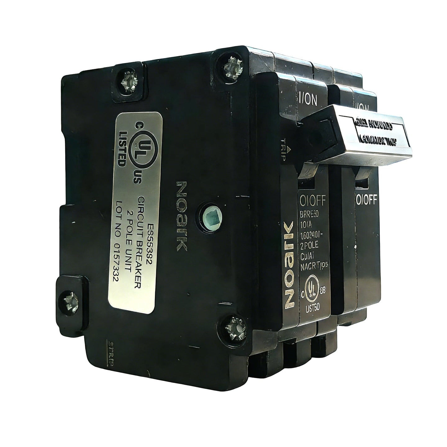 Three black circuit breakers with visible branding on a white background