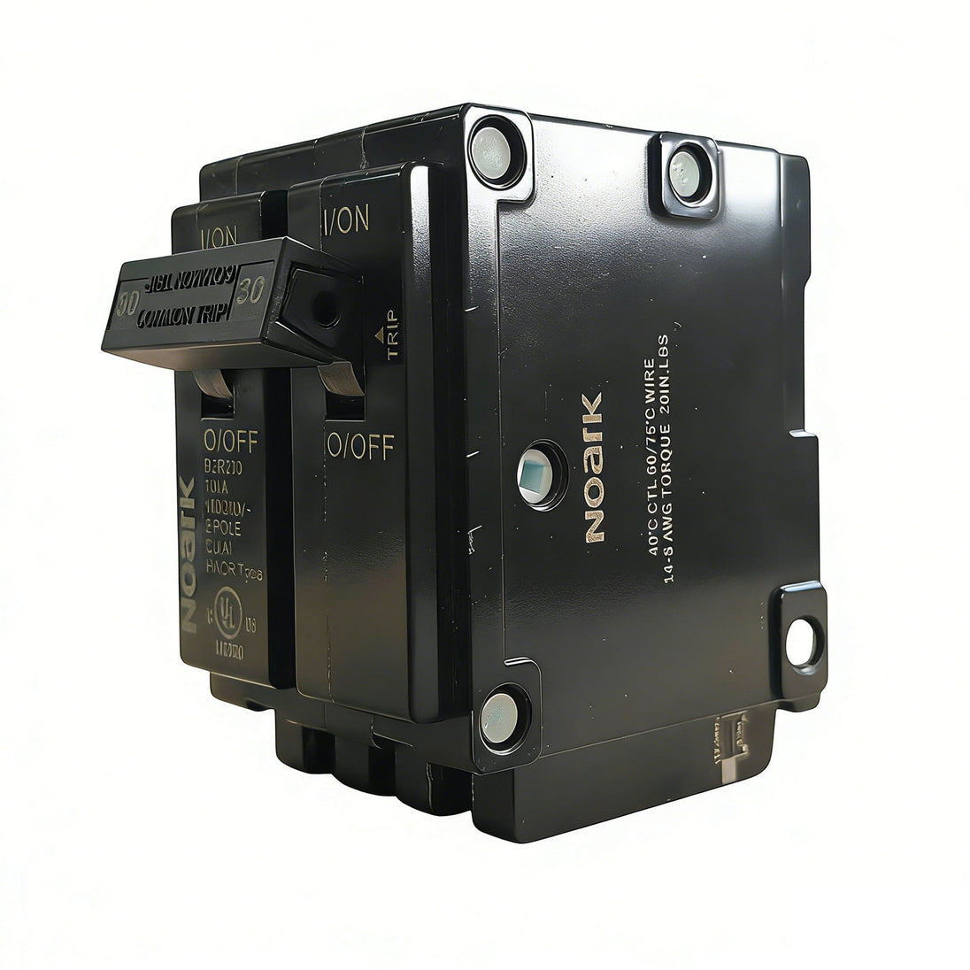 Black electrical circuit breaker on a white background