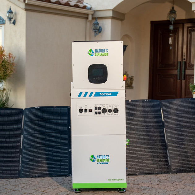 Scene Solar battery storage system with 'Nature's Generator' branding in front of solar panels.