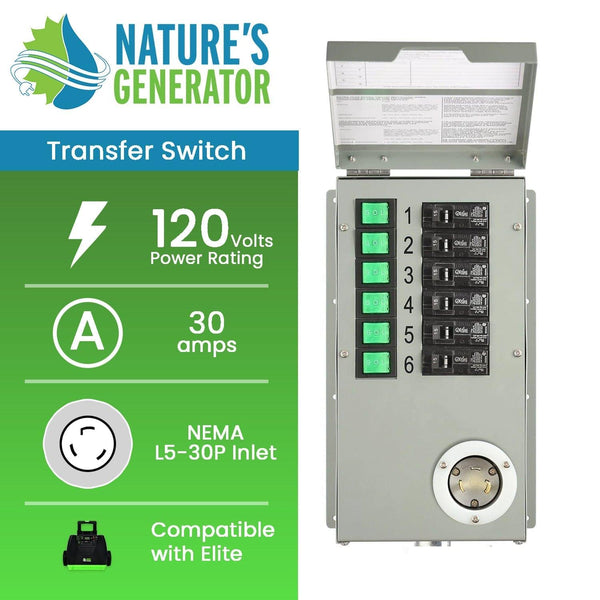 Nature's Generator Accessories 120V 30A 6-Circuit transfer switch with multiple circuits and power ratings.