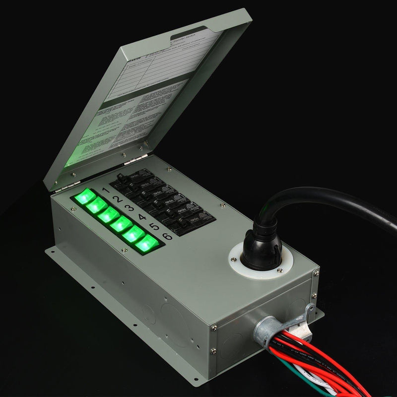 Nature's Generator Accessories 120V 30A 6-Circuit transfer switch showing circuit breakers and power connection.